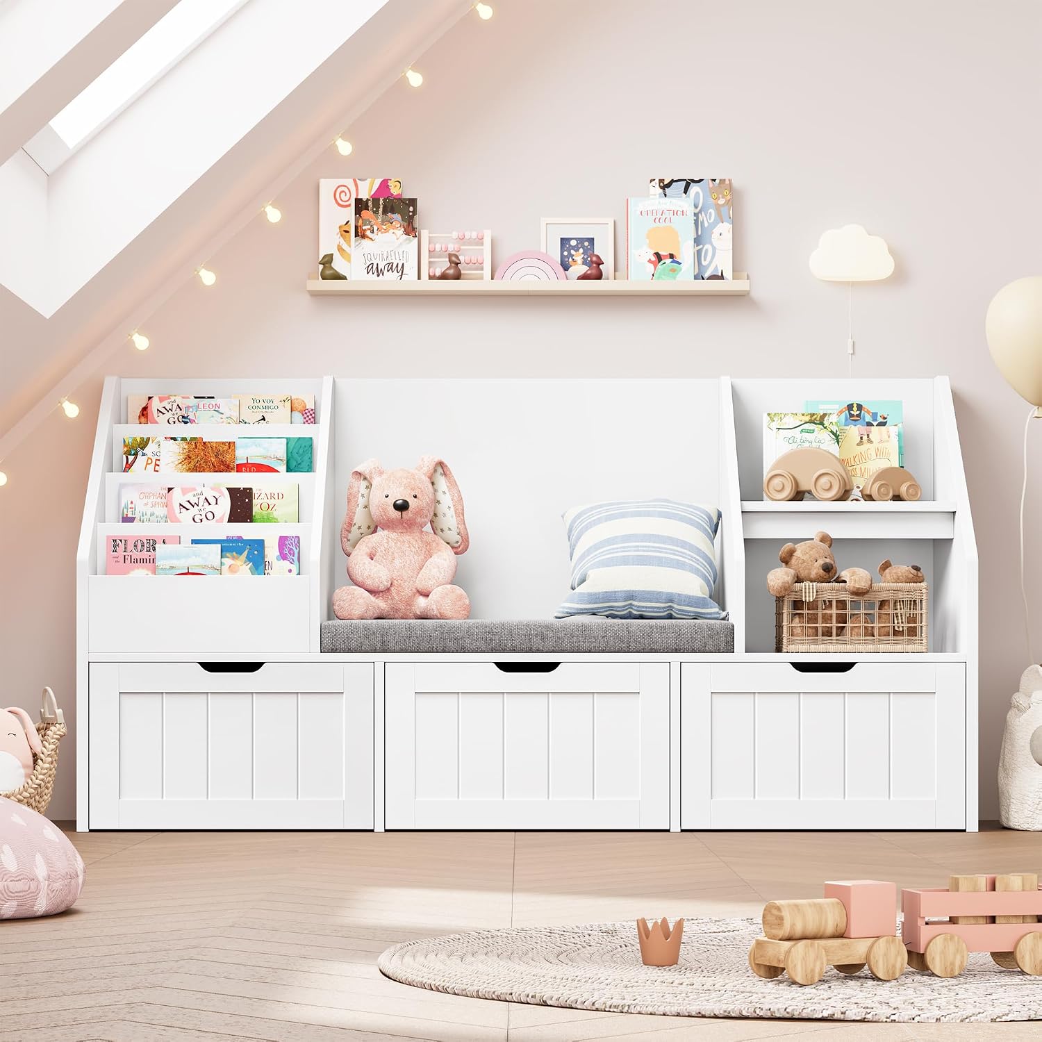 FOTOSOK 55.1'' Kids Bookshelf with Reading Nook, Toy Storage Organizer with Seat Cushion and 3 Movable Drawers, Kids Reading Nook Toy Organizers and Storage with Bench for Playroom, Bedroom, White