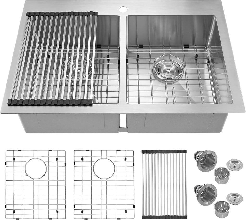 Rhbamoa Double Bowl Drop In Kitchen Sink 33x22,16-Gauge T304 Stainless Steel Topmount Kitchen Sink,50/50 Double Bowl Kitchen Sinks,Deep Sinks with All Accessories, Brushed Finish