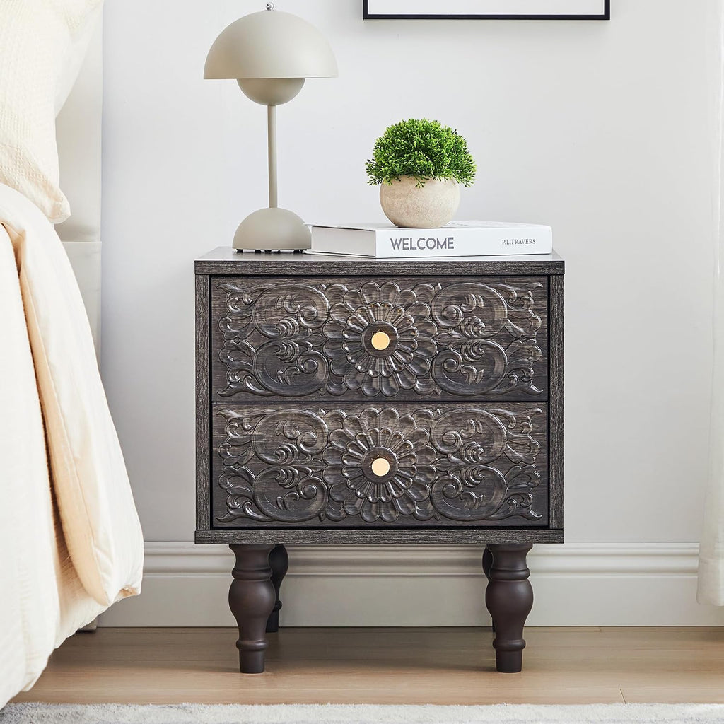 Nightstand, Farmhouse Bedside Table with 2 Drawers and Metal Handles, Wood Sofa Side End Table Accent Dresser for Bedroom, Living Room (Black Brown-2 Packs) (15.75 x 16.02 x 18.15 Inch)