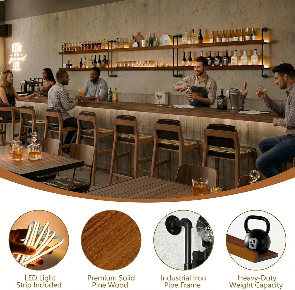 Wall Mounted Wine Rack with LED Light, LED Industrial Pipe Wine Shelf, 2-Tier Hanging Bottle Rack, Bar Storage Shelf for Bottles (Walnut Brown, 48')