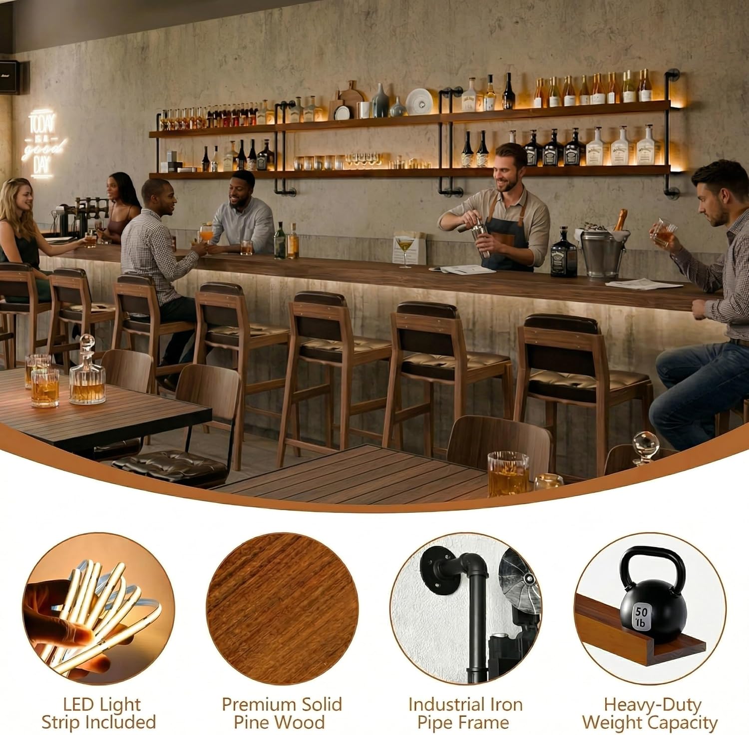 Wall Mounted Wine Rack with LED Light, LED Industrial Pipe Wine Shelf, 2-Tier Hanging Bottle Rack, Bar Storage Shelf for Bottles (Walnut Brown, 48')