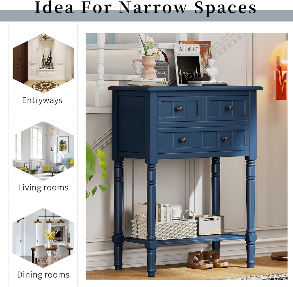 P PURLOVE Antique Narrow Console Table,Slim Sofa Entry Table with 3 Storage Drawer for Living Room,Entryway