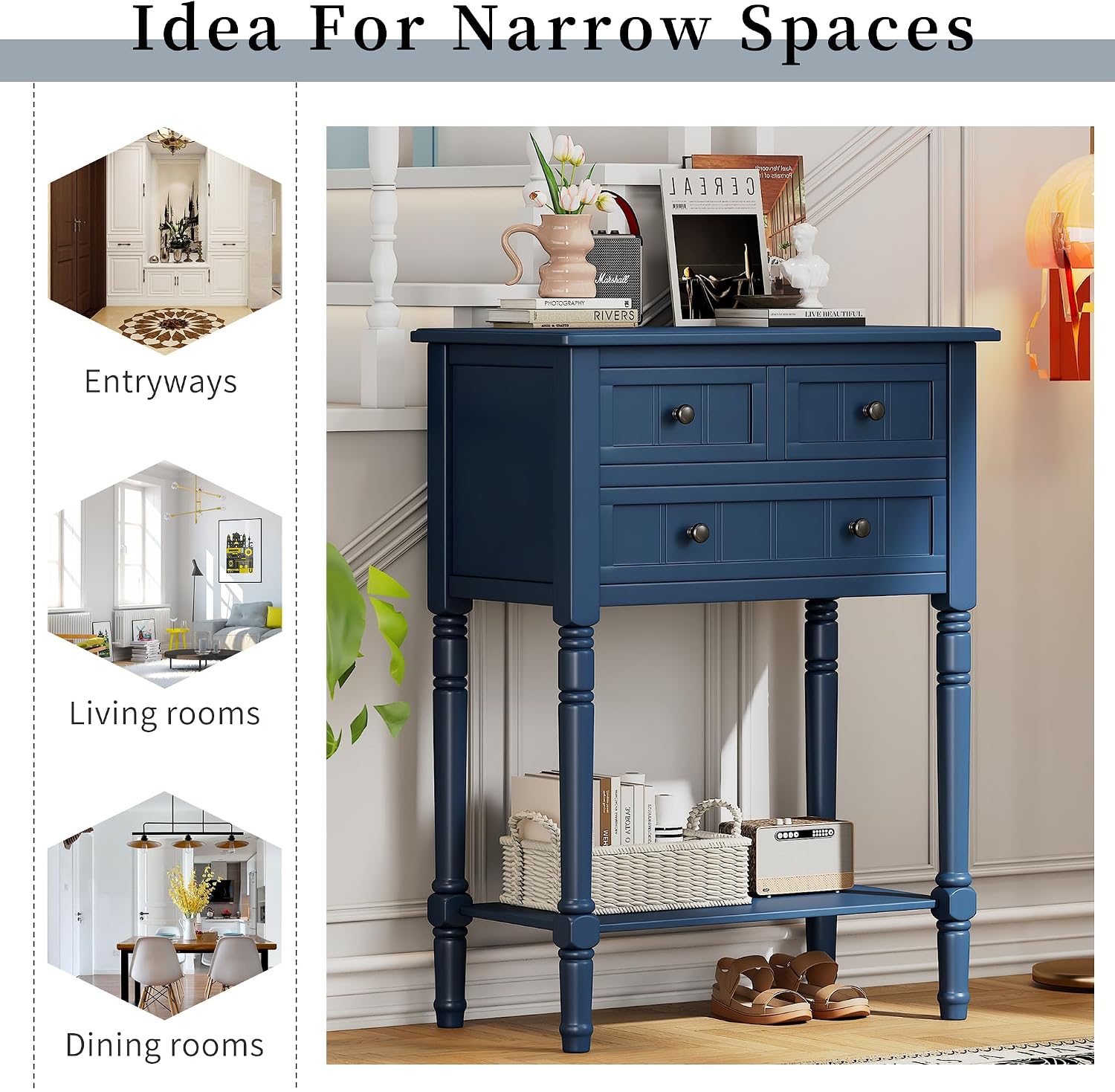 P PURLOVE Antique Narrow Console Table,Slim Sofa Entry Table with 3 Storage Drawer for Living Room,Entryway