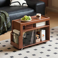 Solid Wood Side Table with Wheels, Narrow Side Table with Storage, Rolling Bedside Table for Bedroom Living Room Dining Room(Teak, 27.95' D x 11.42' W x 19.88' H)