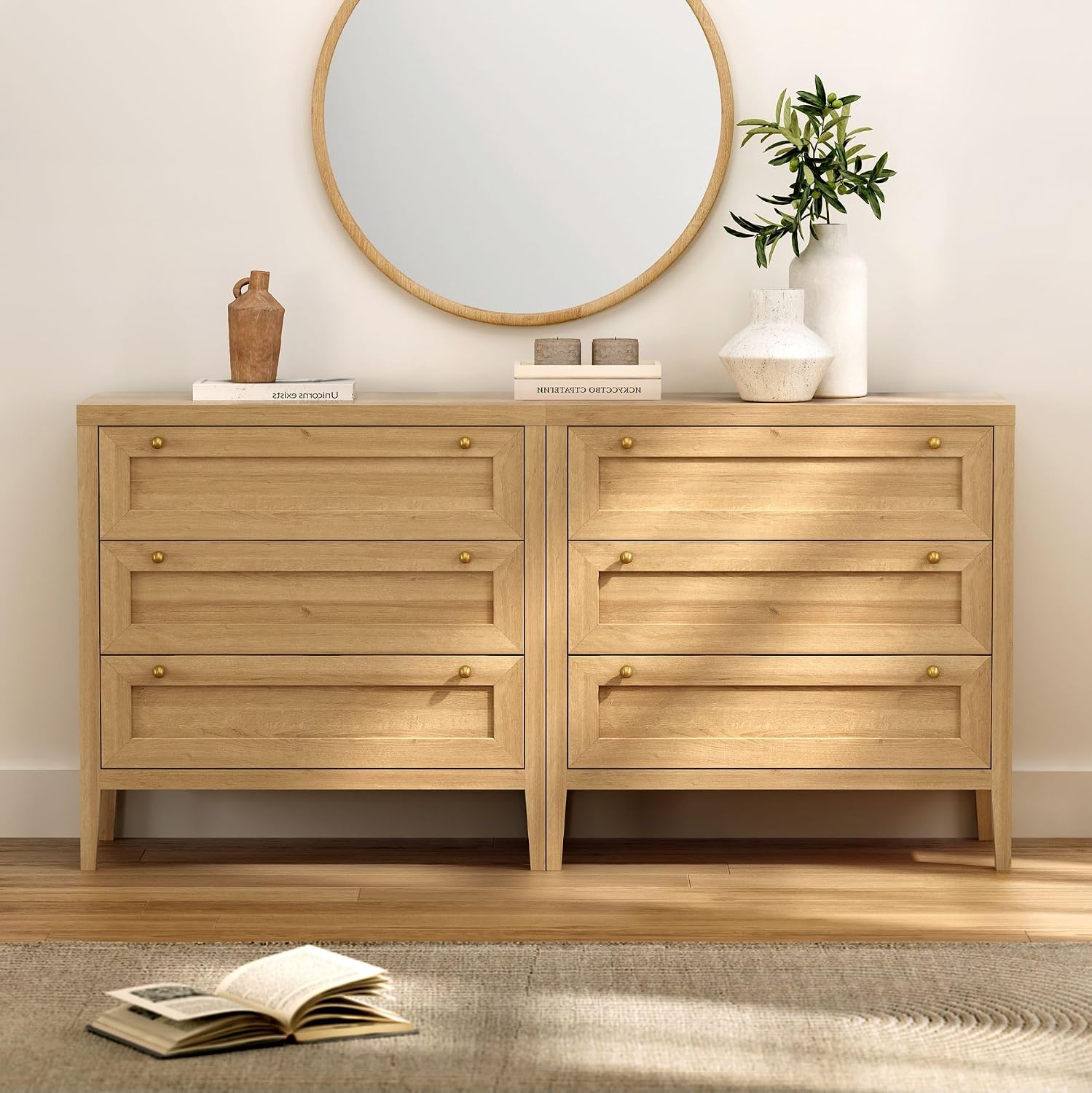 EYYTHUNG 3 Drawer Dresser Set of 2 for Bedroom, Modern Chest of Drawers with Golden Handles, Large Wood Nightstand, Storage Dresser Cabinet Side Table for Living Room, Hallway, Natural Oak