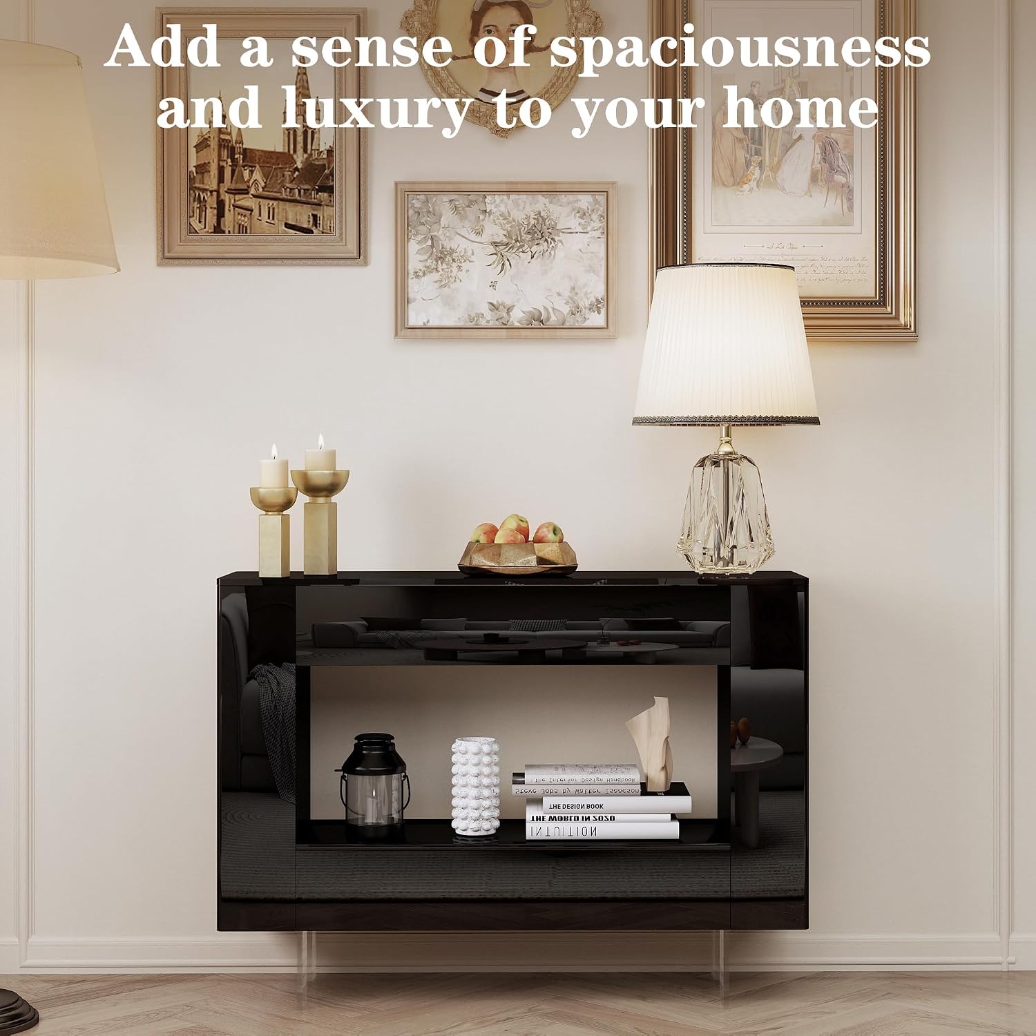 High Gloss Console Table with Hidden Side Storage Cabinets, Adjustable Shelves, Black Modern Black Entryway Sofa Table for Behind The Couch, Living Room, Hallway,