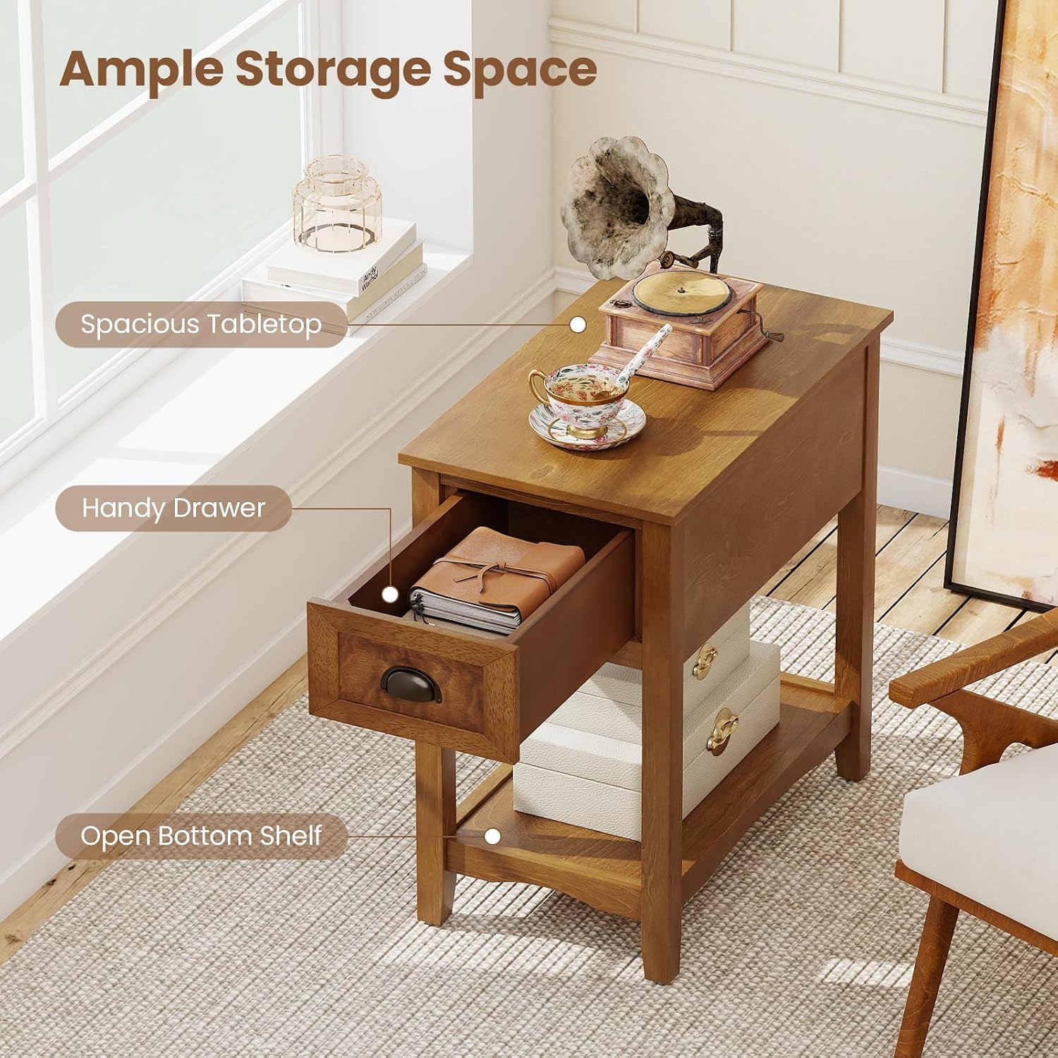 GOFLAME Narrow End Table with Drawer, Retro Sofa Side Table with Storage Shelf & Solid Rubber Wood Legs, Farmhouse Bedside Tables, Rustic Nightstand for Living Room, Bedroom, Light Brown (2)