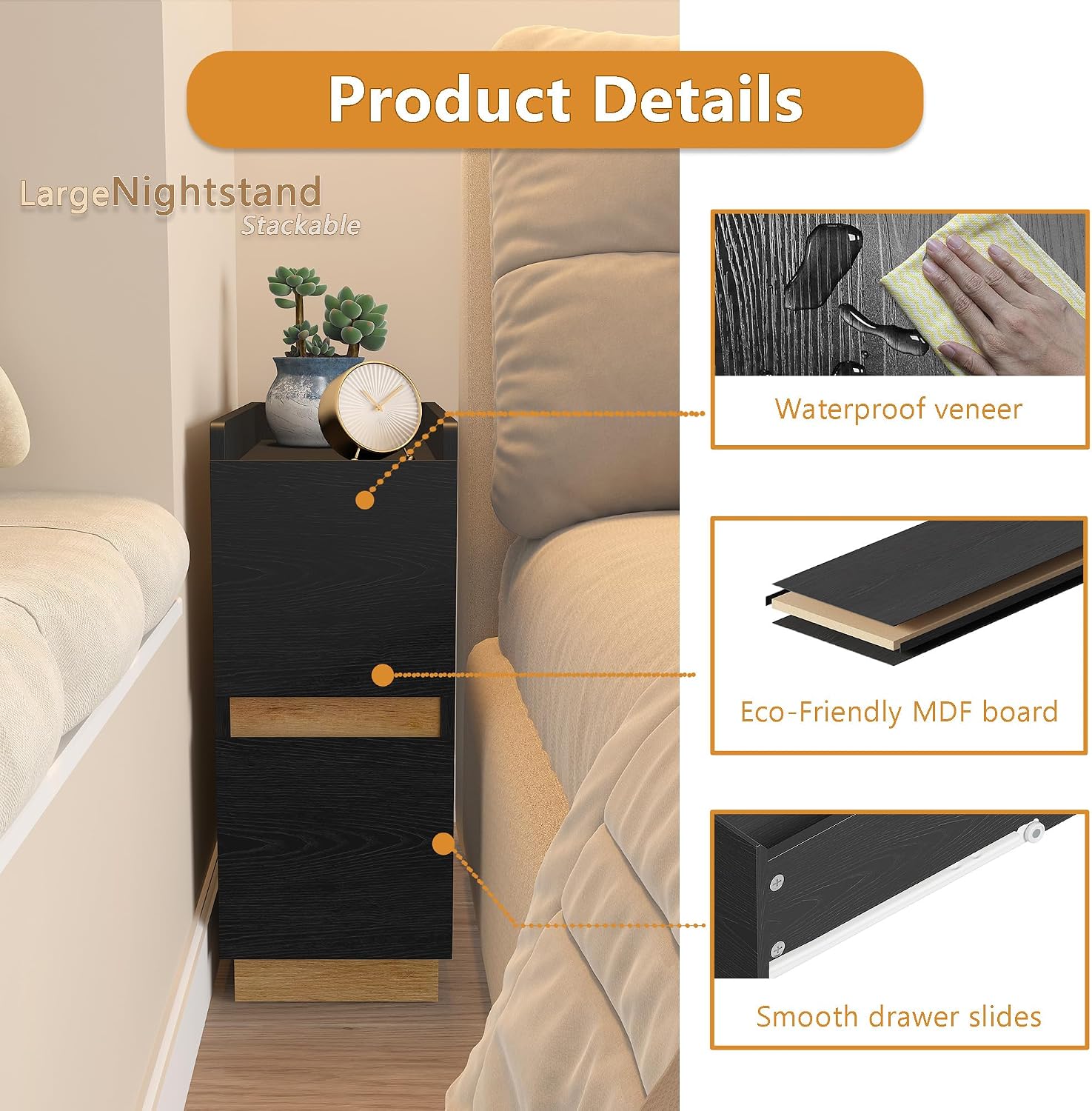 Narrow Night Stands, Modern Slim Nightstand Set of 2, Wooden Skinny Bedside Table 2 Drawers, Stackable Narrow Side Table with Drawers for Small Spaces, Bedroom, Living Room, Black