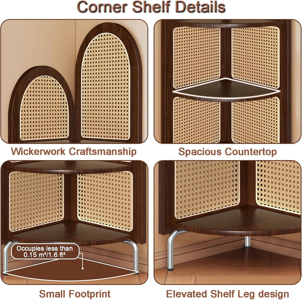 AMSXNOO 5-Tier Rattan Corner Bookshelf, 71-Inch Narrow Corner Bookshelf with Metal Feet, Free-Standing Tall Corner Shelf for Livingroom Bedroom Balcony Office (Walnut Color)