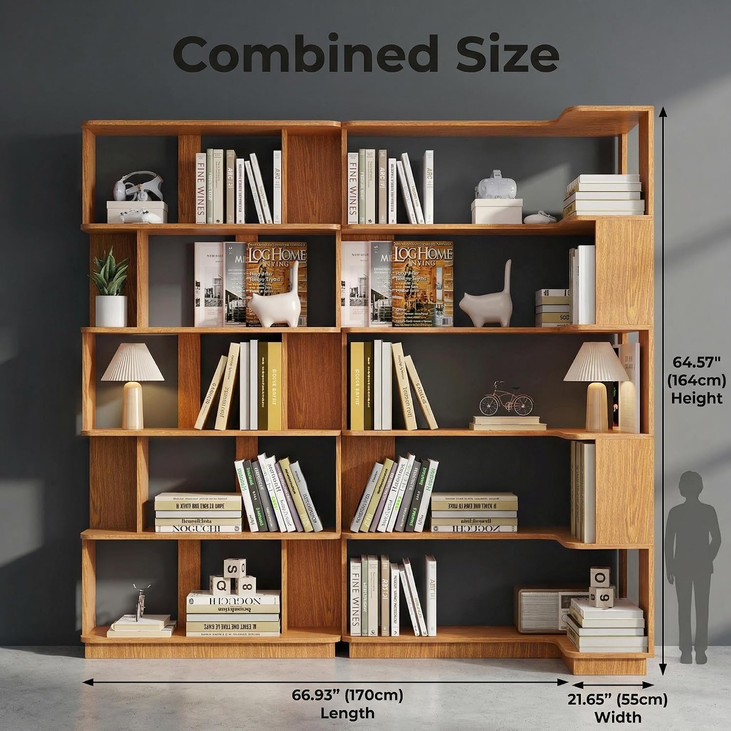 Corner Bookshelf, L Shaped, Set of 2, Dark Oak | Modular Geometric Design, Large Storage Display, Freestanding Wooden Unit, For Living Room Home Office