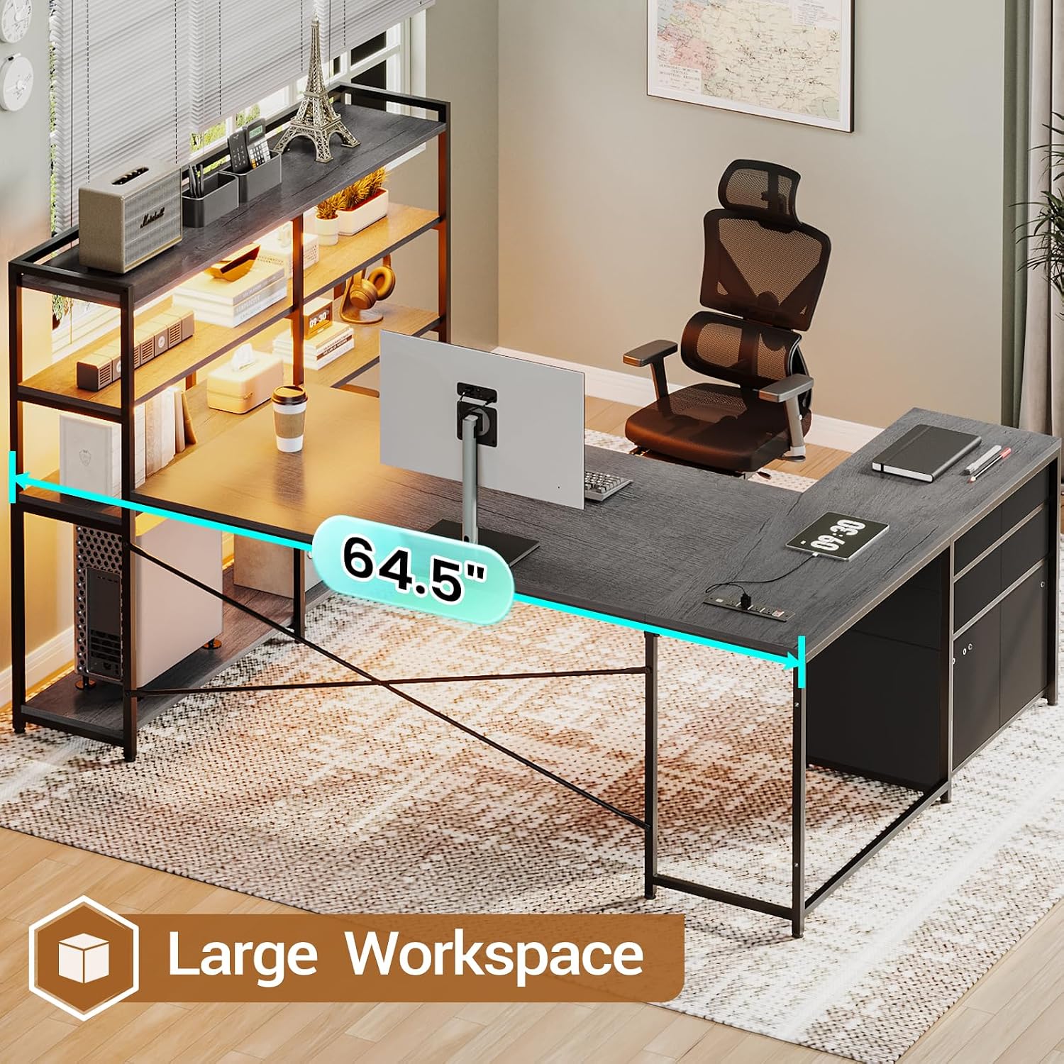 SEDETA Corner Computer Desk, Reversible U Shaped Office Desk with 3 Fabric Drawers and Power Outlet, Corner Gaming Desk with LED Lights, Storage Shelves, Grey
