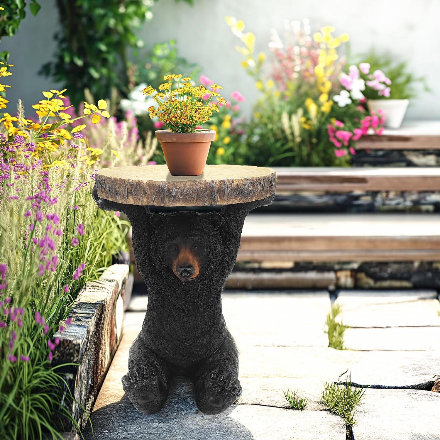 GENUINQ American Black Bear Side Table Pedestal End Table Stool Resin Bear Statue Hand Painted Sculpture Home Office Living Room Decor
