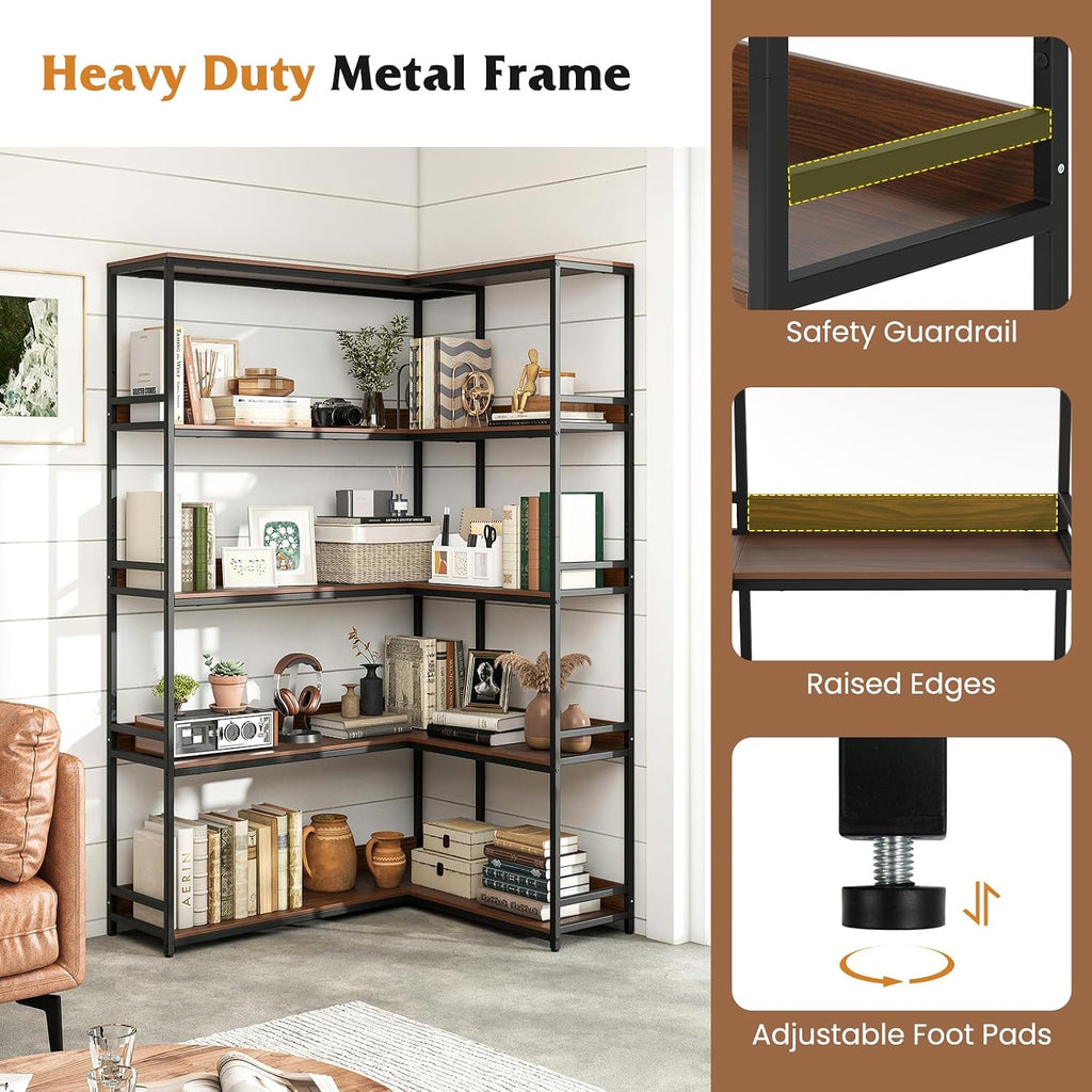 Tangkula Large Corner Bookshelf, 90 Degrees 5-Tier Industrial Wood Open Corner Bookcase for Small Spaces, Heavy-Duty Metal Frame, 71'H L-Shaped Storage Display Rack for Living Room (Walnut)