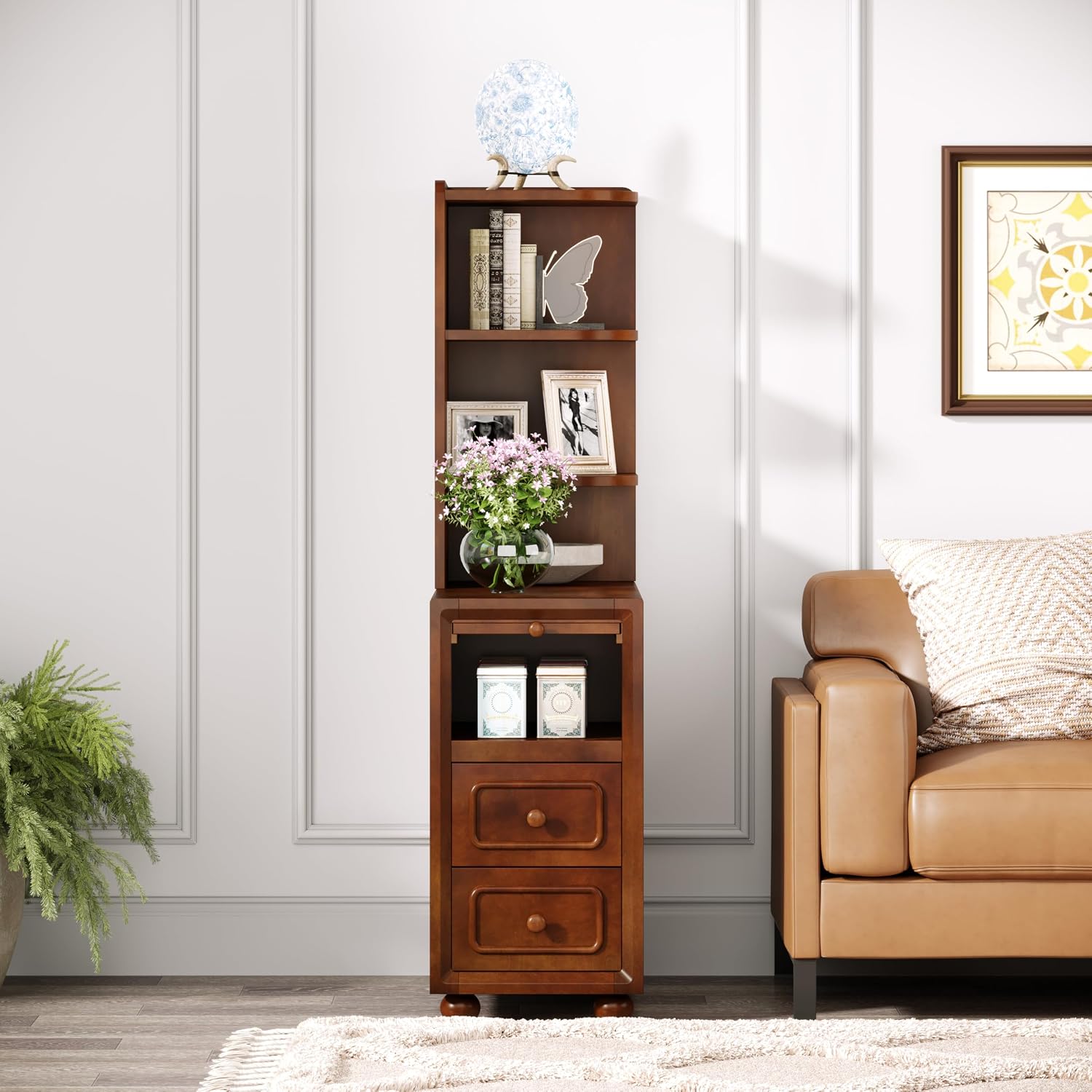 Solid Wood End Table with Drawers and Reversible Corner Shelves, Tall Narrow Side Table with Storage High Slim Chair Solid Side Table, Walnut