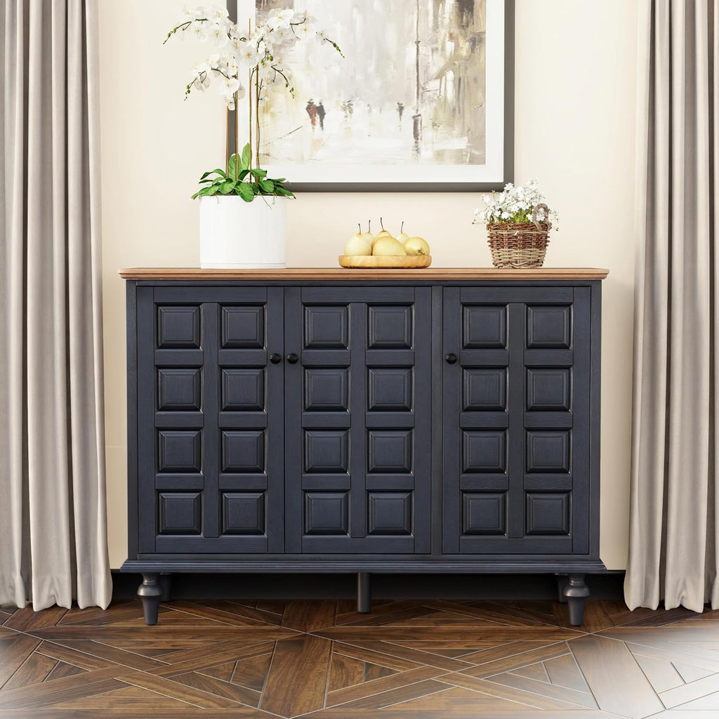 Aoikax Retro 3 Door Storage Cabinet with Plaid Pattern Front, Rustic Side Table for Bedroom, Living Room, Handles, Four Shelves, Pine Wood, Natural Wood, Dark Blue