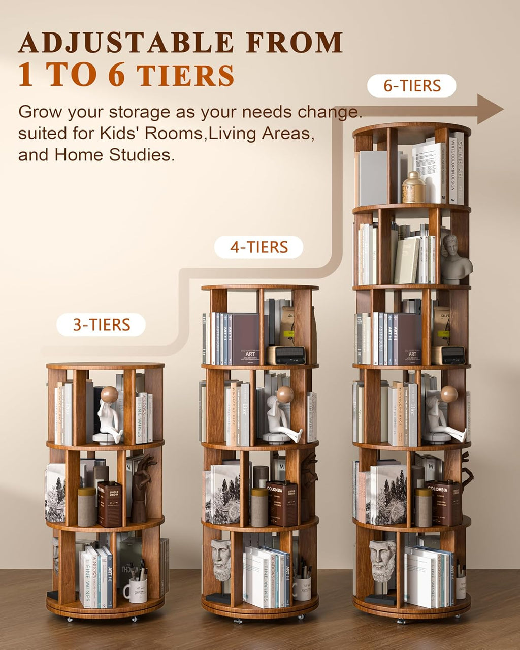 3-Tier Solid Wood Rotating Bookshelf on Wheels, 360° Spinning Book Shelf Tower, Round Revolving Bookcase Organizer, Rolling Bookshelves for Small Spaces, Corner, Bedroom, Kids Room, Office, Walnut