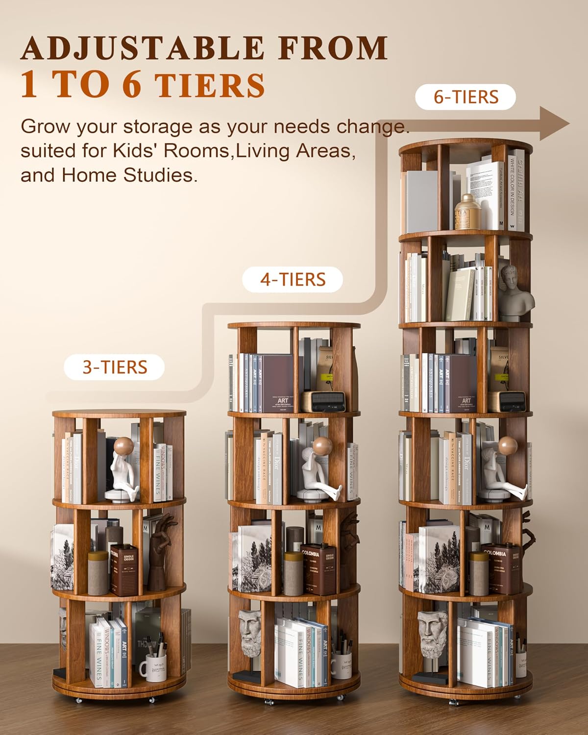 3-Tier Solid Wood Rotating Bookshelf on Wheels, 360° Spinning Book Shelf Tower, Round Revolving Bookcase Organizer, Rolling Bookshelves for Small Spaces, Corner, Bedroom, Kids Room, Office, Walnut
