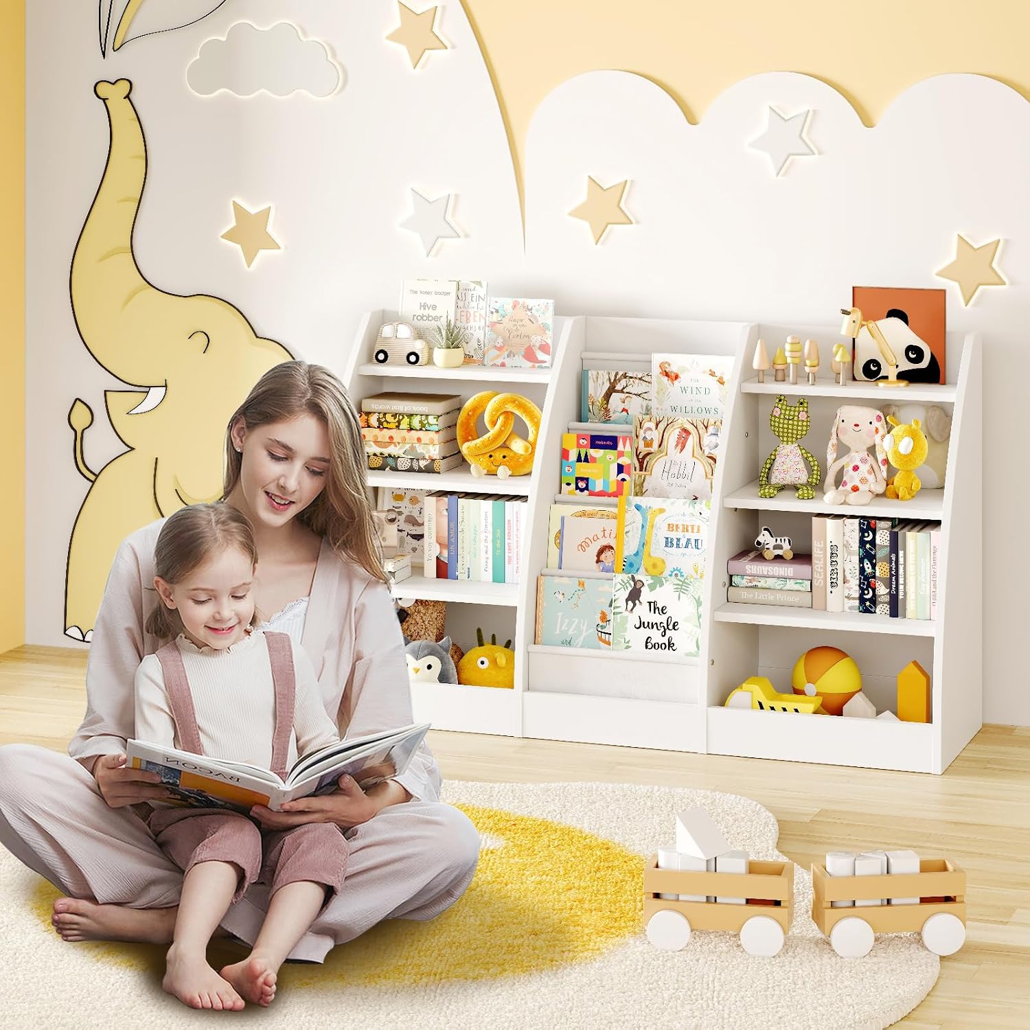 4 Tier Kids Bookshelf, 4 Layer Sling Kids Book Shelf for Kids Rooms, XL Wood Children Bookcase,Baby Storage Book Rack,Toddler Bookshelf, Book and Toy Organizer,Book Display Shelf for Bedroom, Nursery