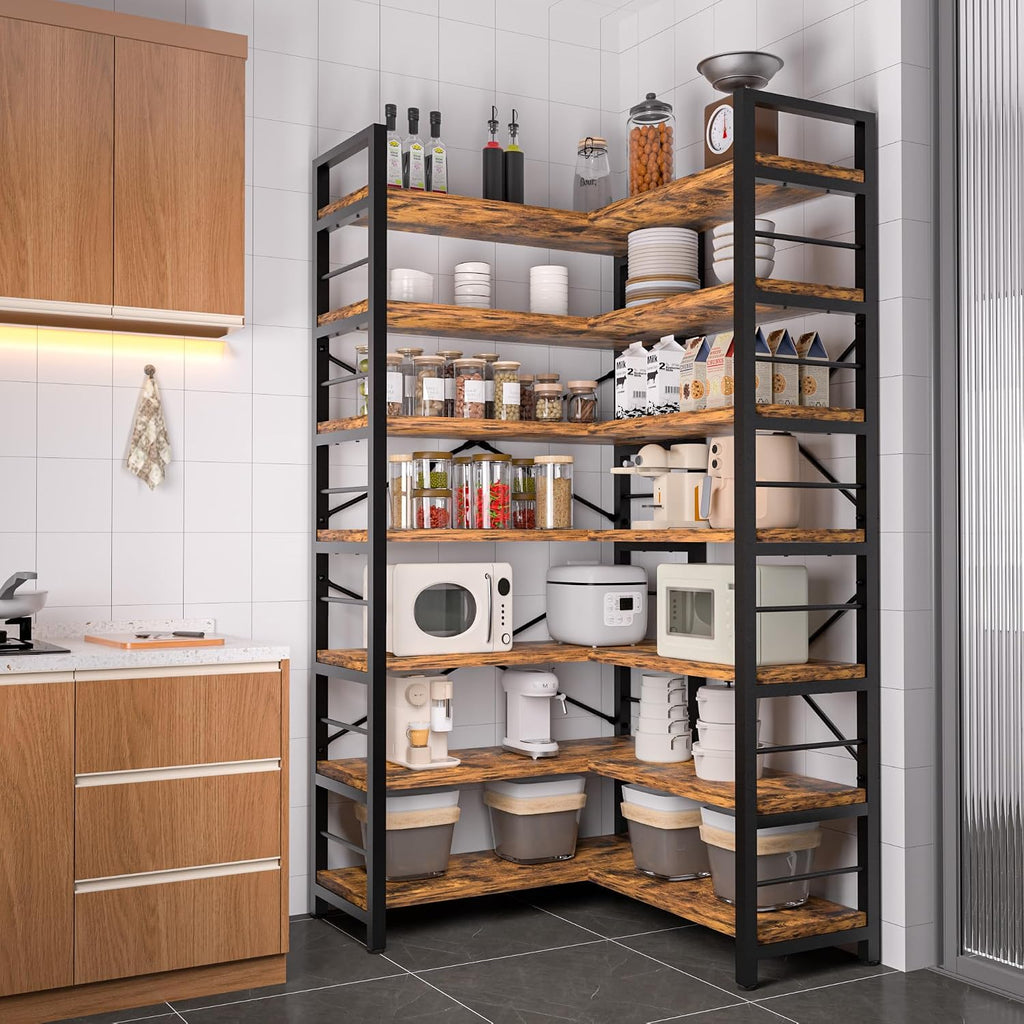 7-Tier Corner Bookshelf, Reversible Wooden Shelves, Industrial Bookcase with Open Shelves and Sturdy Metal Frame, Display Shelf Storage Rack for Living Room, Bedroom, Home Office (Rustic Brown)