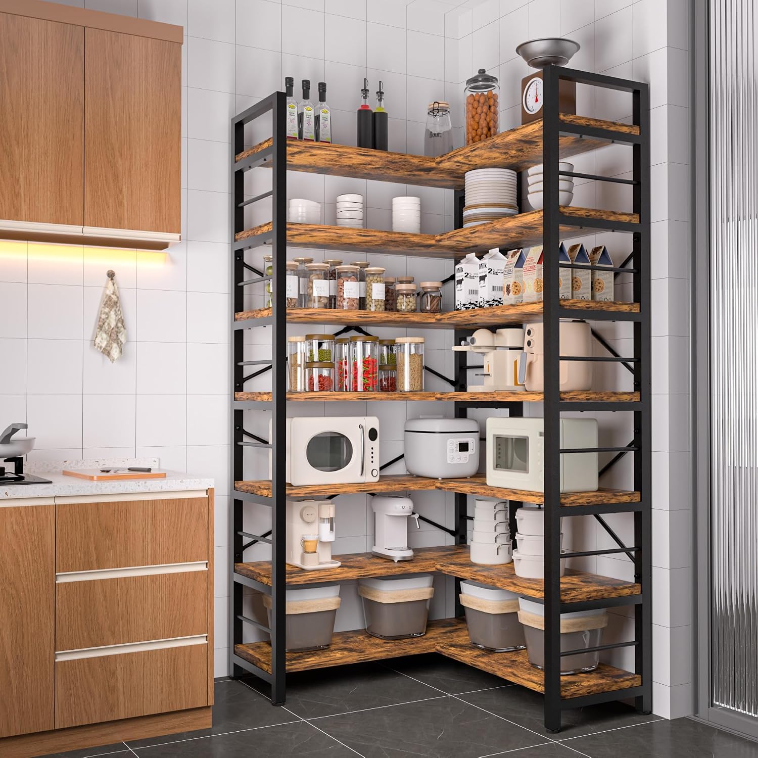 7-Tier Corner Bookshelf, Reversible Wooden Shelves, Industrial Bookcase with Open Shelves and Sturdy Metal Frame, Display Shelf Storage Rack for Living Room, Bedroom, Home Office (Rustic Brown)