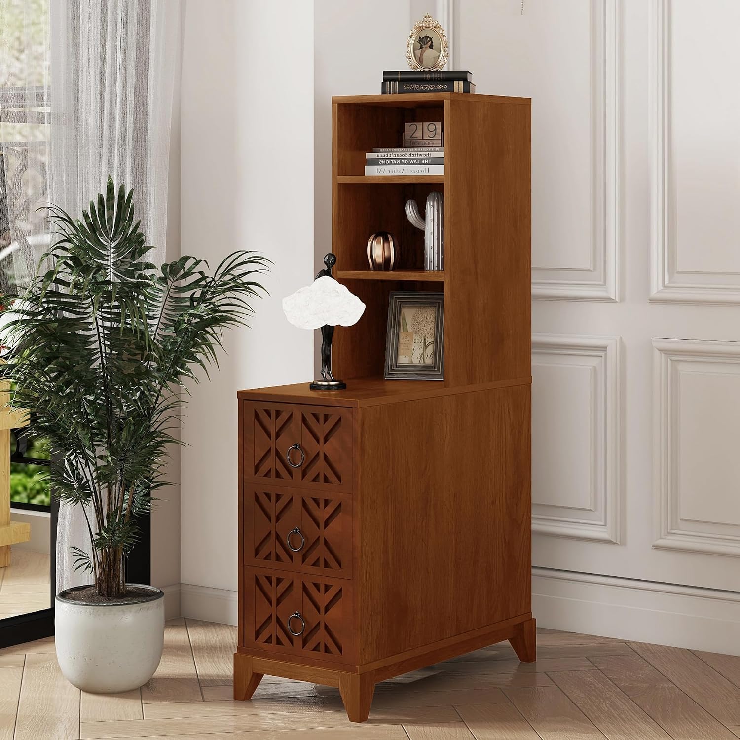 End Table with 3 Drawers & 2 Adjustable Shelves,Corner Table with USB & AC Charge Station,X-Shaped Carved Front,Solid Wood Frame,Tall Narrow Side Tables for Bedroom,Living Room,Small Space,Natural