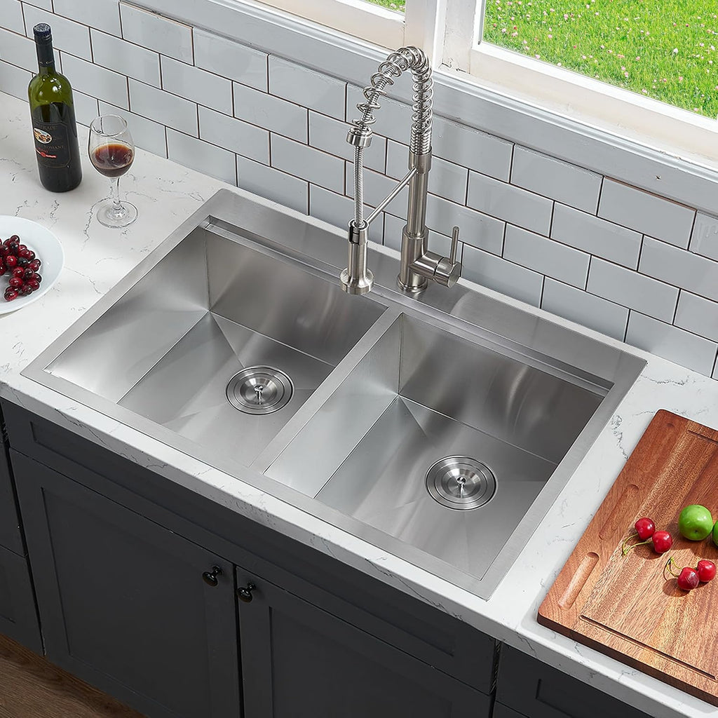 IKEBANA 33 x 22 Inch Double Bowl Kitchen Sink Drop in, Brushed Nickel 16 Gauge Stainless Steel Topmount 50/50 Double Basin Workstation Kitchen Sink with Accessories