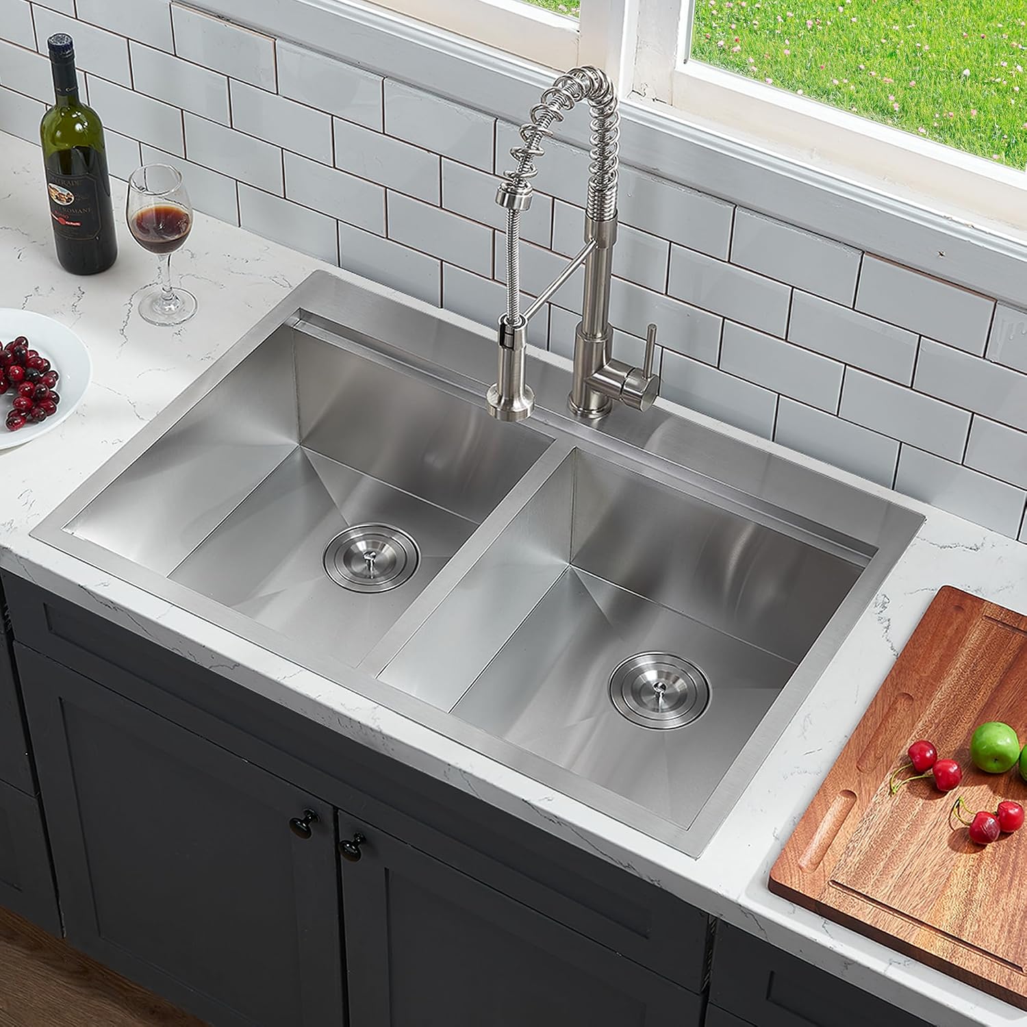 IKEBANA 33 x 22 Inch Double Bowl Kitchen Sink Drop in, Brushed Nickel 16 Gauge Stainless Steel Topmount 50/50 Double Basin Workstation Kitchen Sink with Accessories