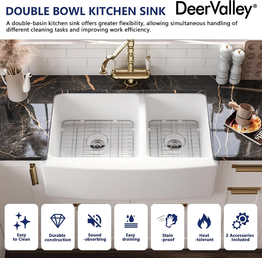 DeerValley Double Bowl White Kichen Sink 33 inch, Ceramic Apron Front Farmhouse Sink, Deep Drop-in Fireclay Undermount Large Sinks with Grid & Strainer