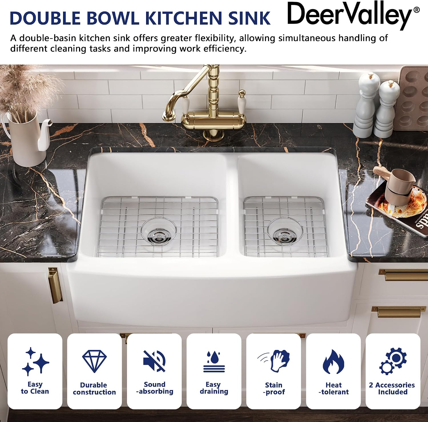 DeerValley Double Bowl White Kichen Sink 33 inch, Ceramic Apron Front Farmhouse Sink, Deep Drop-in Fireclay Undermount Large Sinks with Grid & Strainer