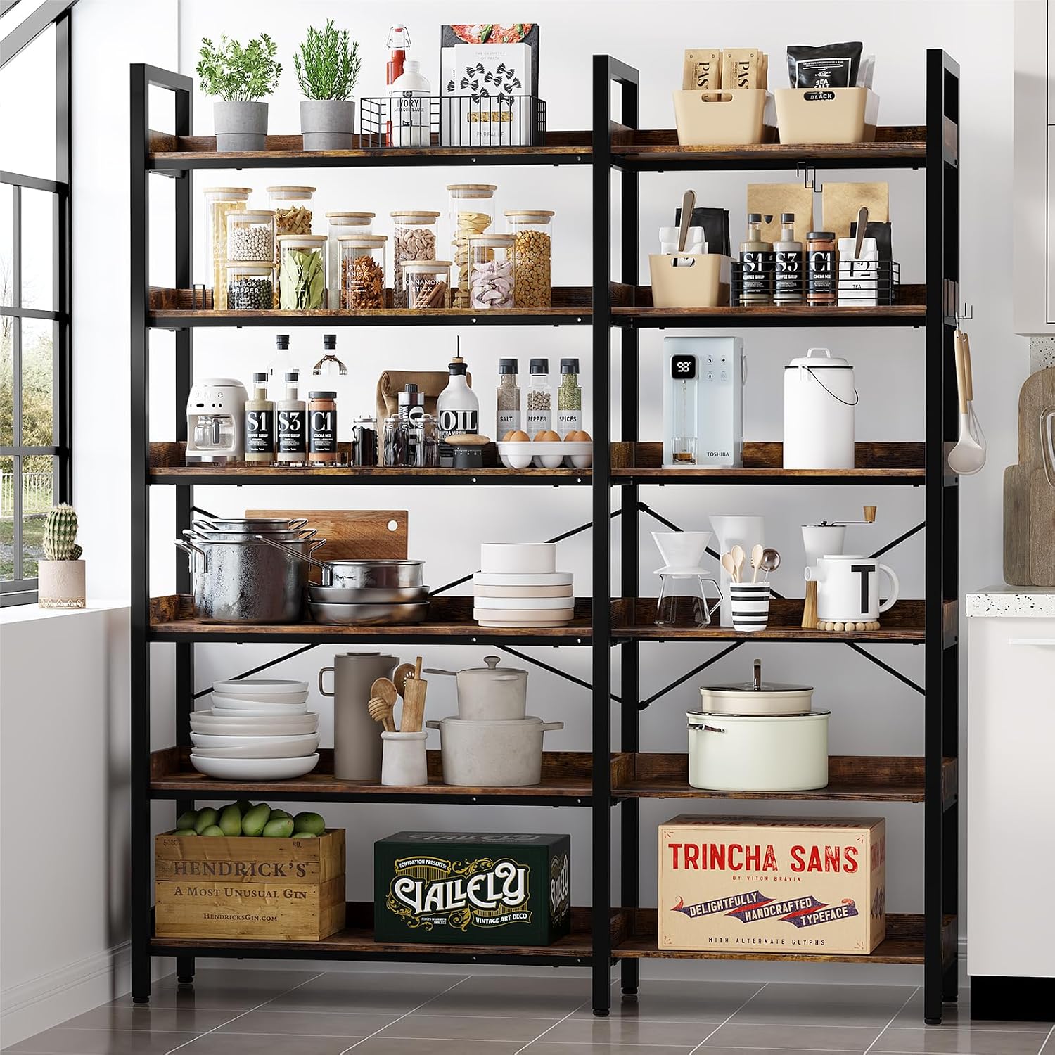 KOUSEI 6-Tier L-Shaped Reversible Corner Bookshelf, 69' Rustic Brown Industrial Wood & Metal Bookcase, Wide Open Shelves + 4 Hooks for Living Room/Bedroom/Home Office
