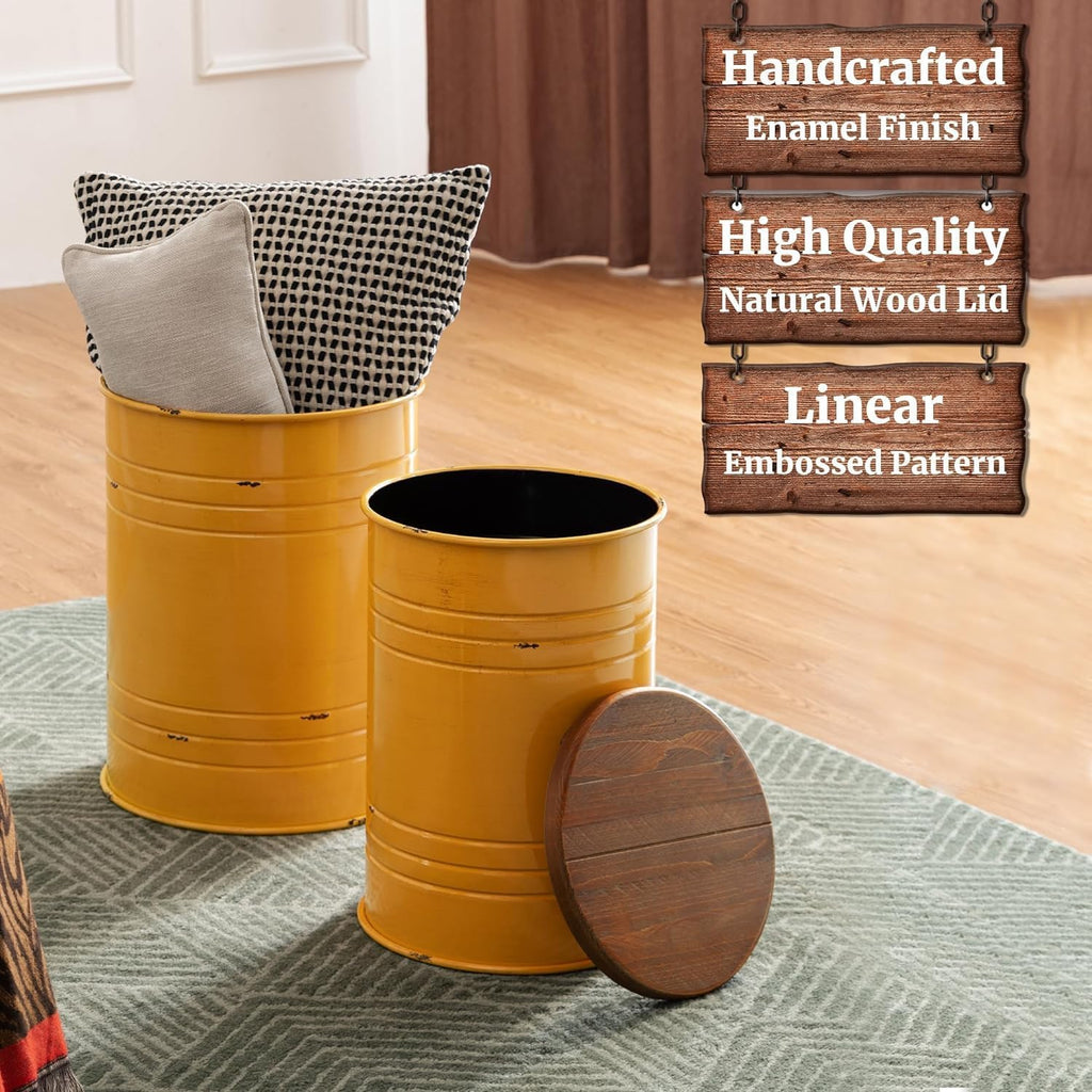 Glitzhome 4-Piece Galvanized Side Table Set, Metal Farmhouse Barrel Toy Box Bins with Round Wood Lid, Rustic Ottoman Seat Stool with Large Storage Space, for Living Room, Bedroom,Yellow