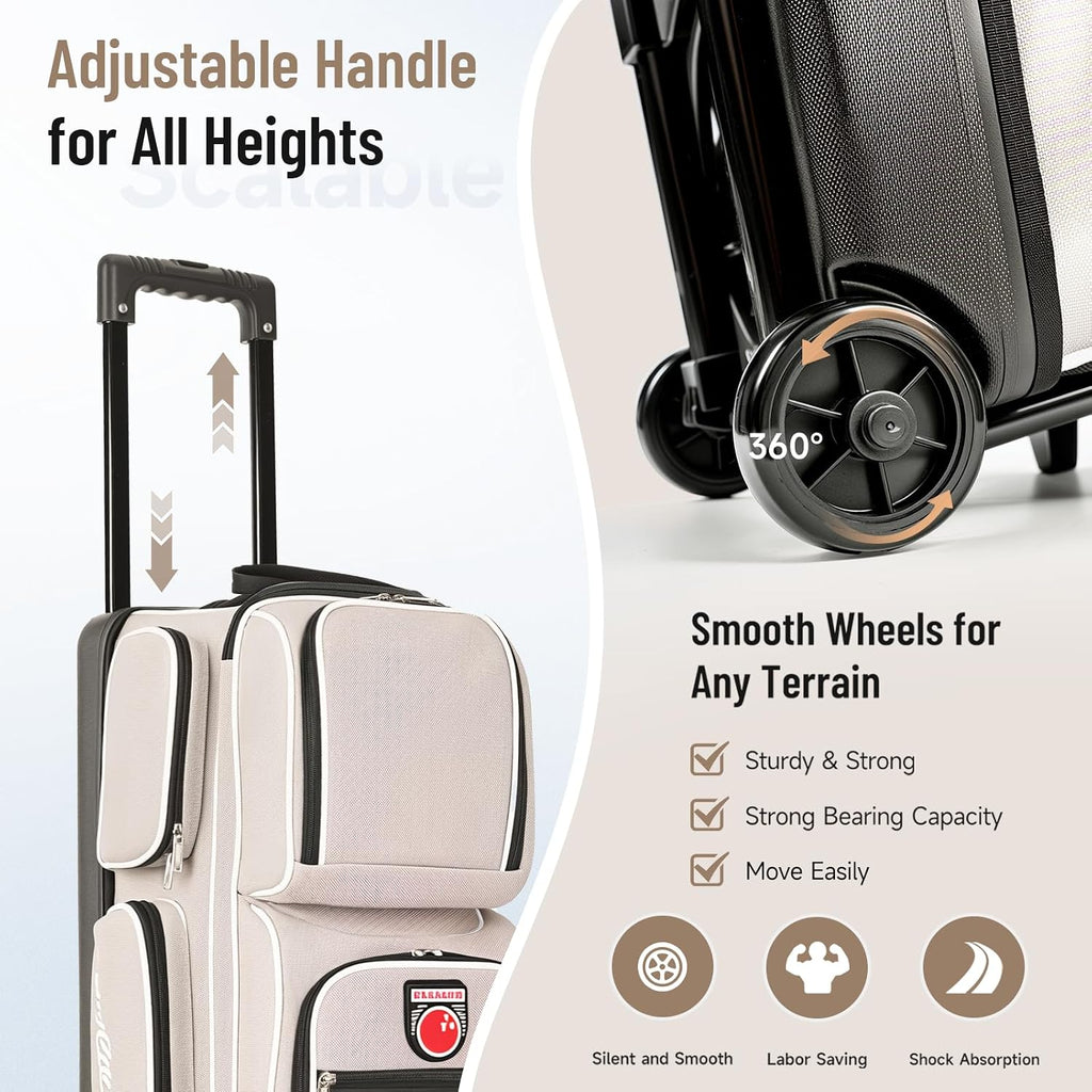 MANUEKLEAR 3 Ball Bowling Bags with Wheels, Bowling Ball Bag 3 Ball Roller with Accessory Pockets and Shoe Compartment