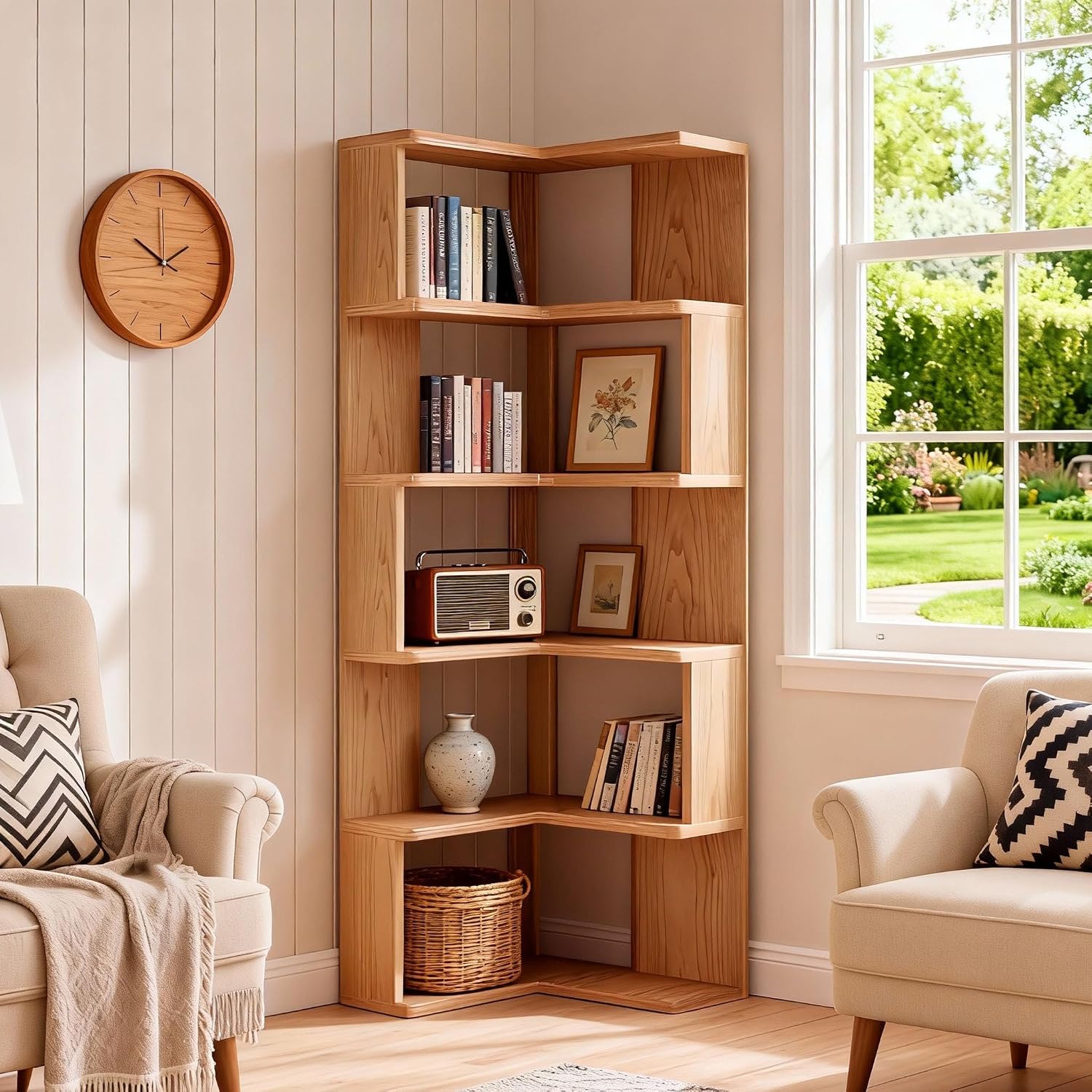 5-Tier Corner Bookshelf with Storage, Modern Geometric Bookcase, L-Shaped Book case estantes,Wooden Storage Shelves,for Home Office, Living Room, Bedroom (5-Tier)