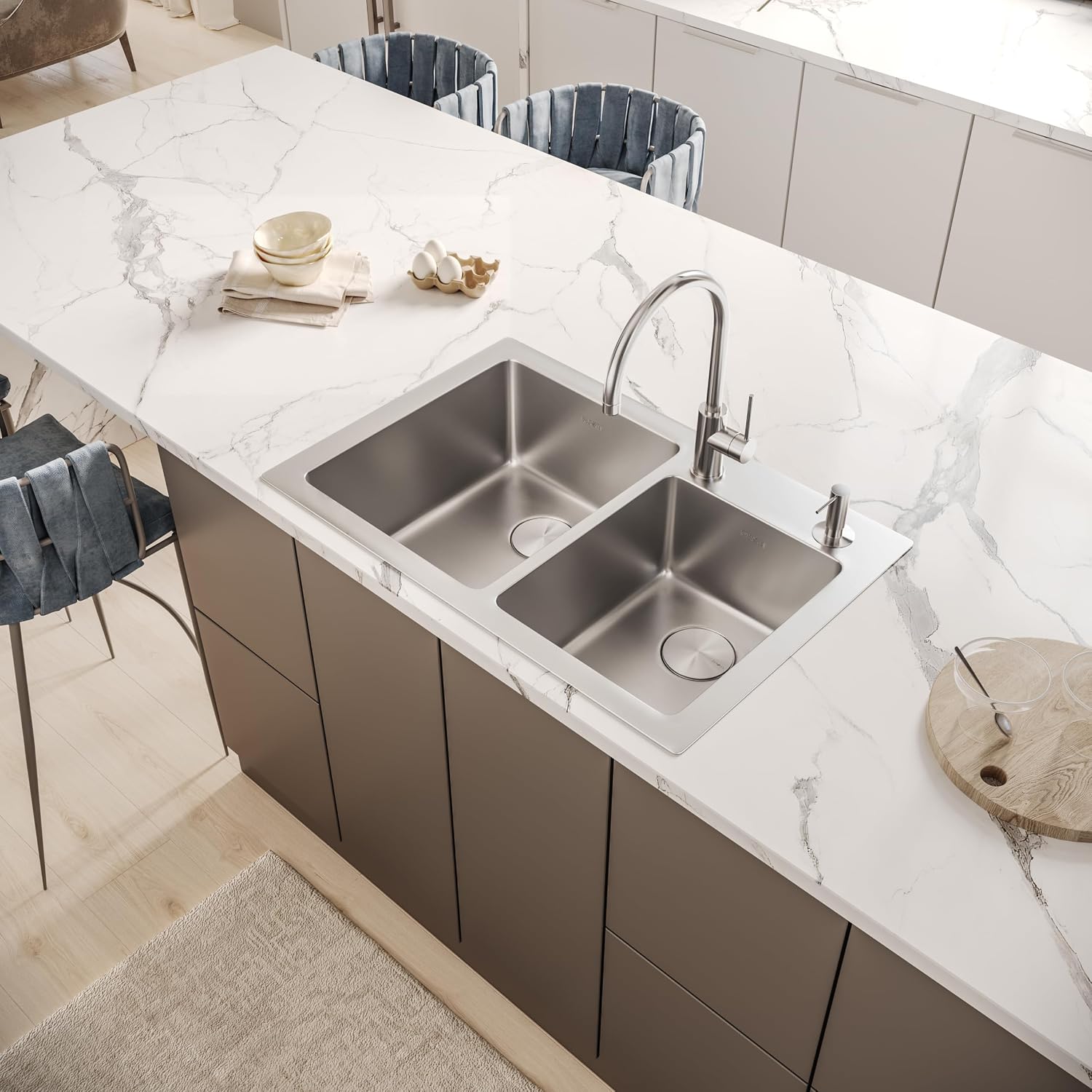Ruvati 33 x 22 inch Drop-in Topmount Kitchen Sink - 16 Gauge Stainless Steel 60/40 Double Bowl Kitchen Sink with Brushed Finish hides scratches, Easy-to-Clean Drop-in kitchen Sink - RVM5166