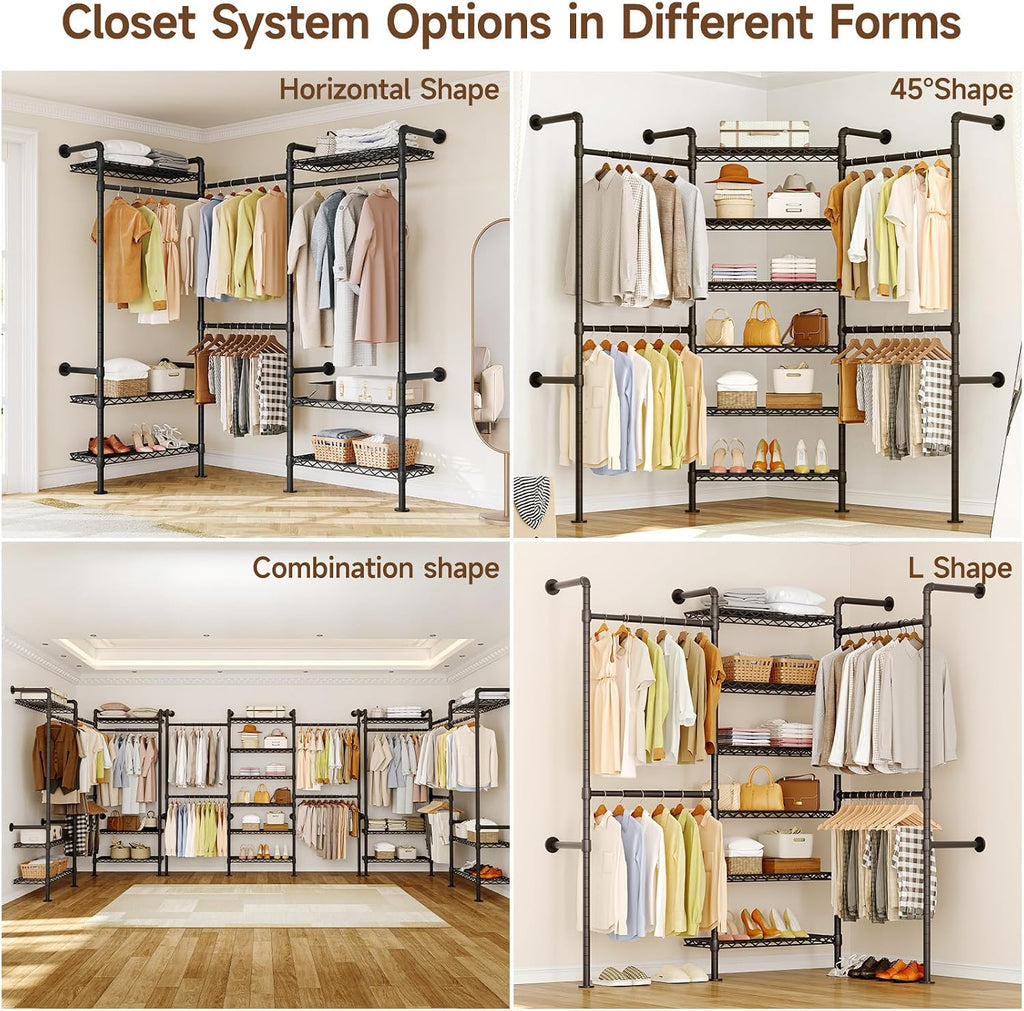 L3 Wall Mounted Industrial Pipe Closet System, Corner Closet Organizers with 4 Telescopic Rods & 6 Shelves, Heavy Duty Clothing Clothes Rack in Wardrobe Closet (Black)