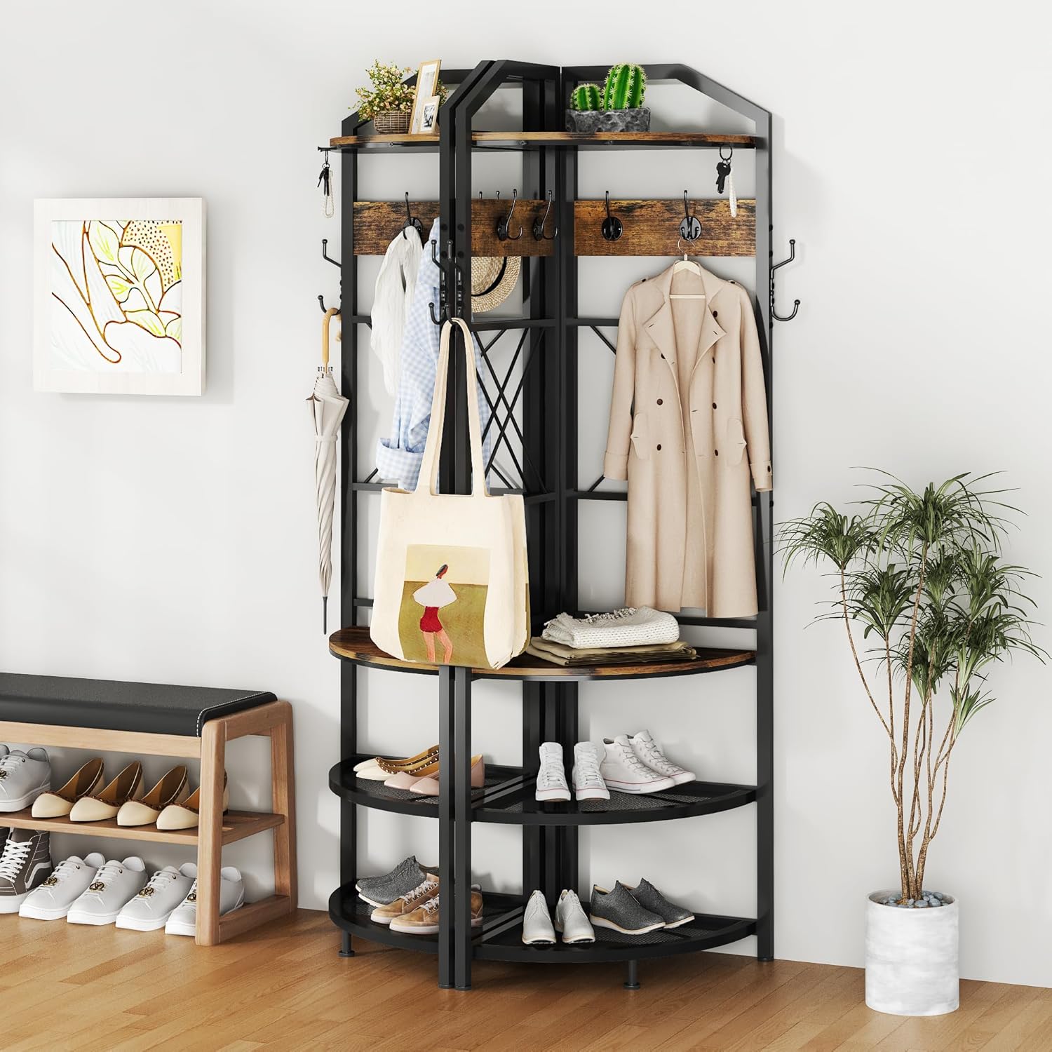 Corner Coat Rack with Storage, Entryway Hall Tree with Bench and 10 Metal Hooks, Freestanding Clothes Rack Shoes Shelf Organizer for Home Office Bedroom, Rustic Brown