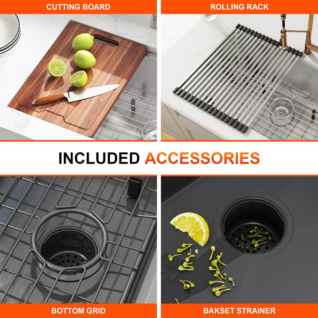 36 Inch Black Double Bowl Farmhouse Kitchen Sink, Undermount 50/50 Apron Front 16 Gauge 304 Stainless Steel Matte Black Sinks, Accessories Included, 36' x 21' x 10'