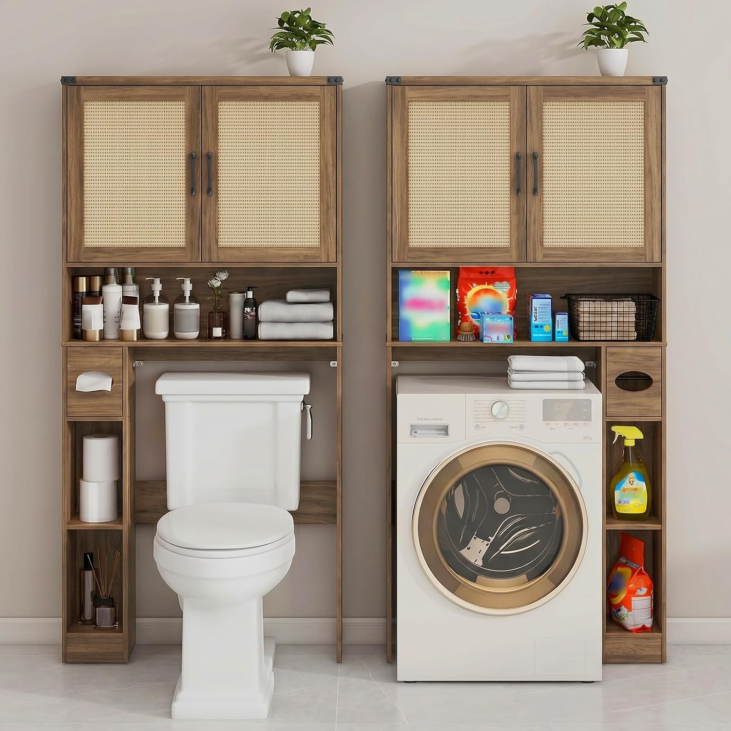 Vabches Over The Toilet Storage Cabinet, Farmhouse Storage Cabinet Over Toilet with 2 Rattan Barn Doors & Home Space-Saving Toilet Rack, for Bathroom, Restroom, Laundry. Rattan