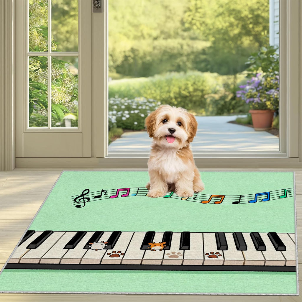 Music Note Kids Rugs 5x7 for Playroom Classroom Nursery Preschool, Piano Keys Sheet Music Area Rug for Girls Boys Bedroom Room Decor, Cute Animal Paw Print Playing Carpet Non-Slip