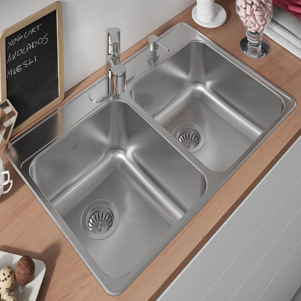 Kindred Creemore 33-in LR x 22-in FB x 8-in DP Drop In Double Bowl 4-Hole Stainless Steel Kitchen Sink, CDLA3322-8-4CBN