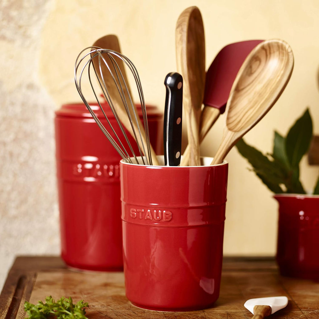 Staub Ceramic Tall Utensil Holder Crock with Silicone Bottom, Cherry Red