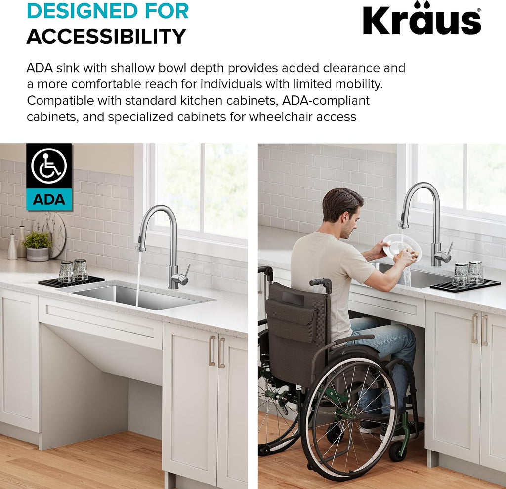 KRAUS Fairlane 33-inch ADA Compliant Undermount Single Bowl 18-Gauge Stainless Steel Kitchen Sink, KHU640-33-5.5