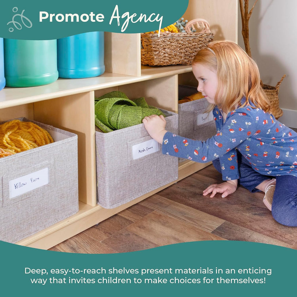 Guidecraft EdQ Three Shelf Compartment Storage Natural with 3 Fabric Bins: Wood Bookshelf and Toy Organizer for Kids, Storage Unit for Homeschool and Classroom