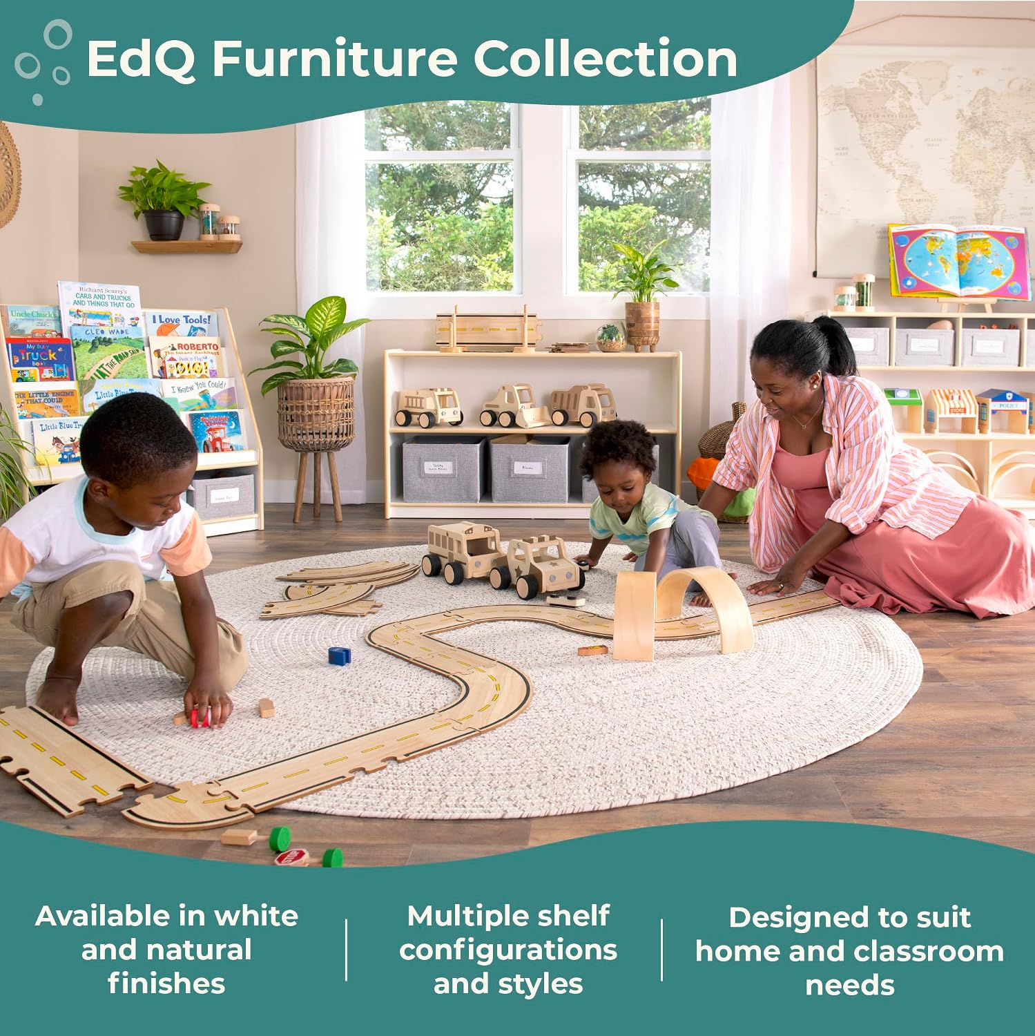 Guidecraft EdQ Three Shelf Compartment Storage White with 3 Fabric Bins: Wooden Bookshelf and Toy Organizer for Kids, Storage Unit for Homeschool and Classroom