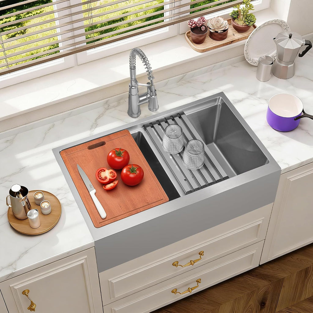 Kitsitchen Double Bowl Farmhouse Kitchen Sink, 16 Gauge 304S Stainless Steel Farm Sinks, 36'X 22' x 10' Large and Deep Workstation Kitchen Sinks with Accessories,50/50 Double Bowl Feature