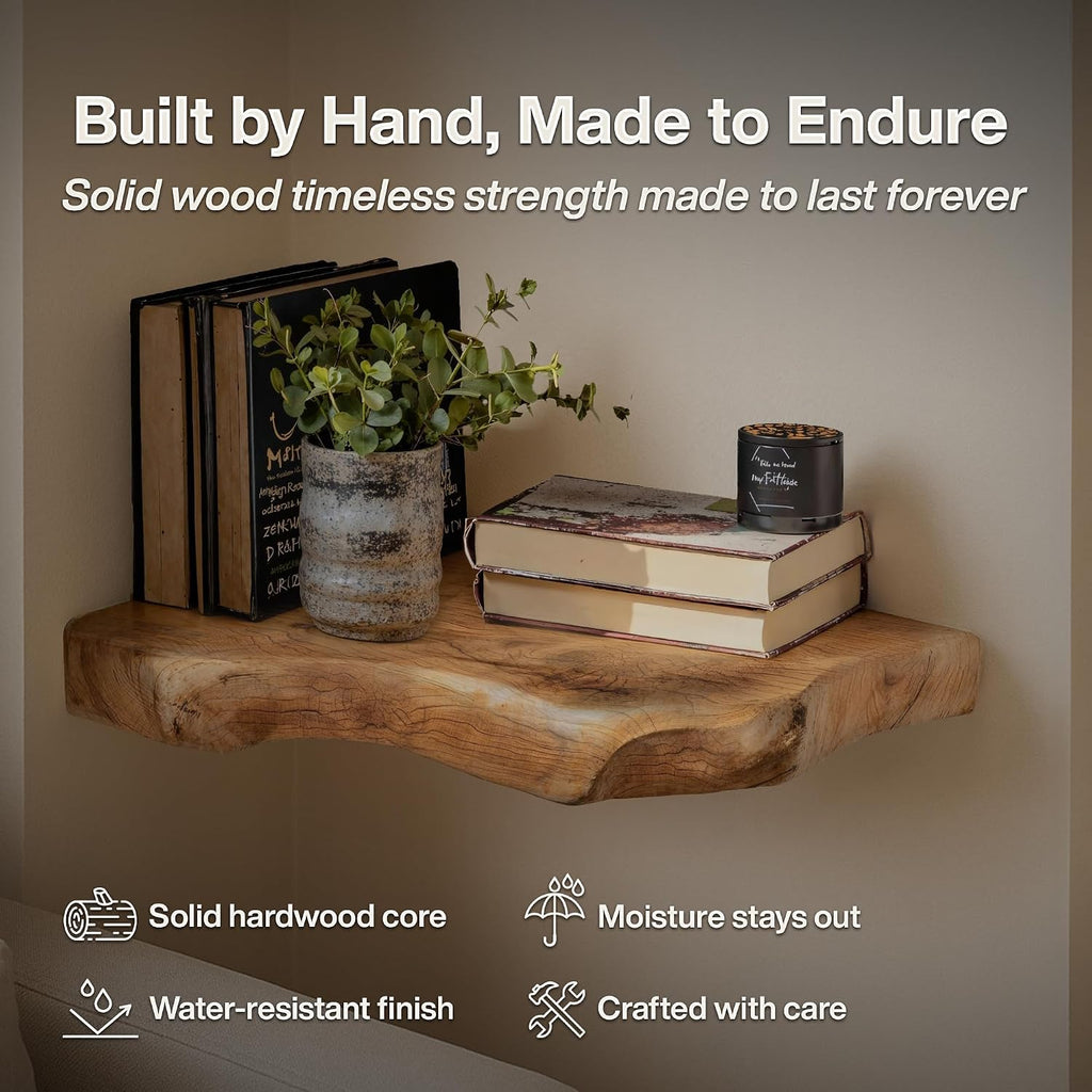 Live Edge Corner Floating Shelves - Solid Monkey Pod Wood, Heavy Duty Hidden Brackets, Handcrafted Farmhouse Wall Mounted Decor for Bedroom & Living Room - Natural, 9.8 x 9.8 x 2.0 in, Set of 1