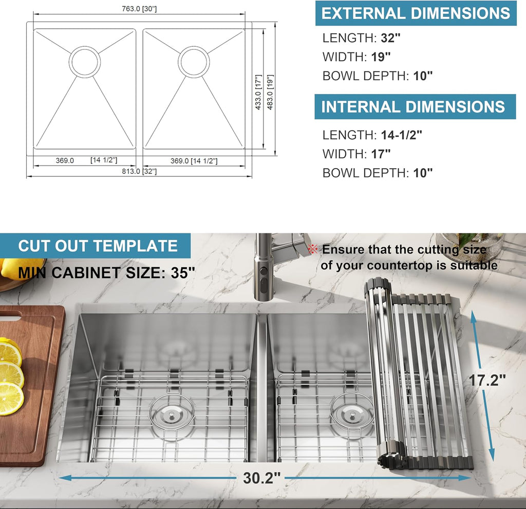 32 Inch Undermount Handmade Double Bowl Kitchen Sink, 16 Gauge 304 Stainless Steel 50/50 Spacious Deep Kitchen Sinks, Accessories Combo Included, 32' x 19' x 10'