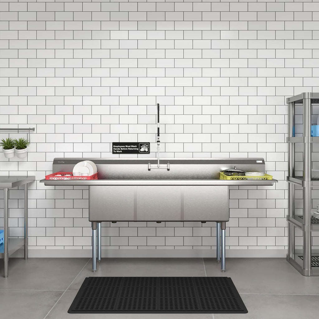 KoolMore 90 in. Three Compartment 18-Gauge Stainless-Steel NSF Commercial Kitchen Sink, Bowl Size 18x18x14, with Three Basins and Pre-Drilled Faucet Holes and Two Drainboards (KM-SC181814-18B3)
