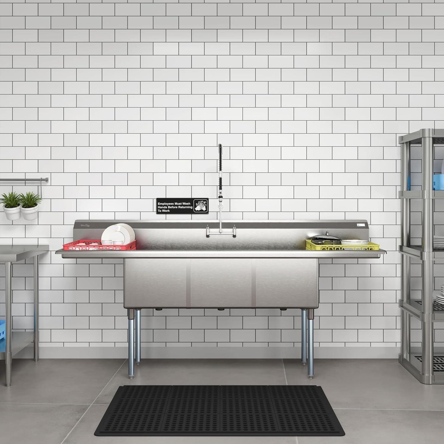 KoolMore 90 in. Three Compartment 18-Gauge Stainless-Steel NSF Commercial Kitchen Sink, Bowl Size 18x18x14, with Three Basins and Pre-Drilled Faucet Holes and Two Drainboards (KM-SC181814-18B3)