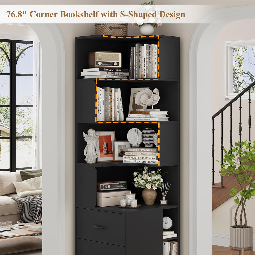 FACBOTALL 76.8' Corner Bookshelf with 3 Drawers and 3 Side Storage Cubbies, L Shaped Tall Bookshelf and Bookcase, 4 Tier Corner Bookcase, Wood Narrow Book Shelf for Living Room, Office, Black